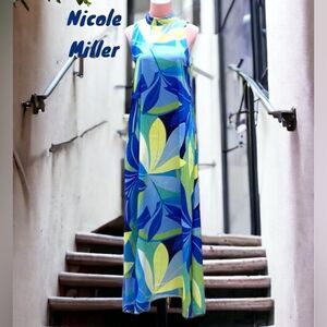 NICOLE MILLER NWT HALTER SATIN FLORAL LONG MAXI DRESS SMALL